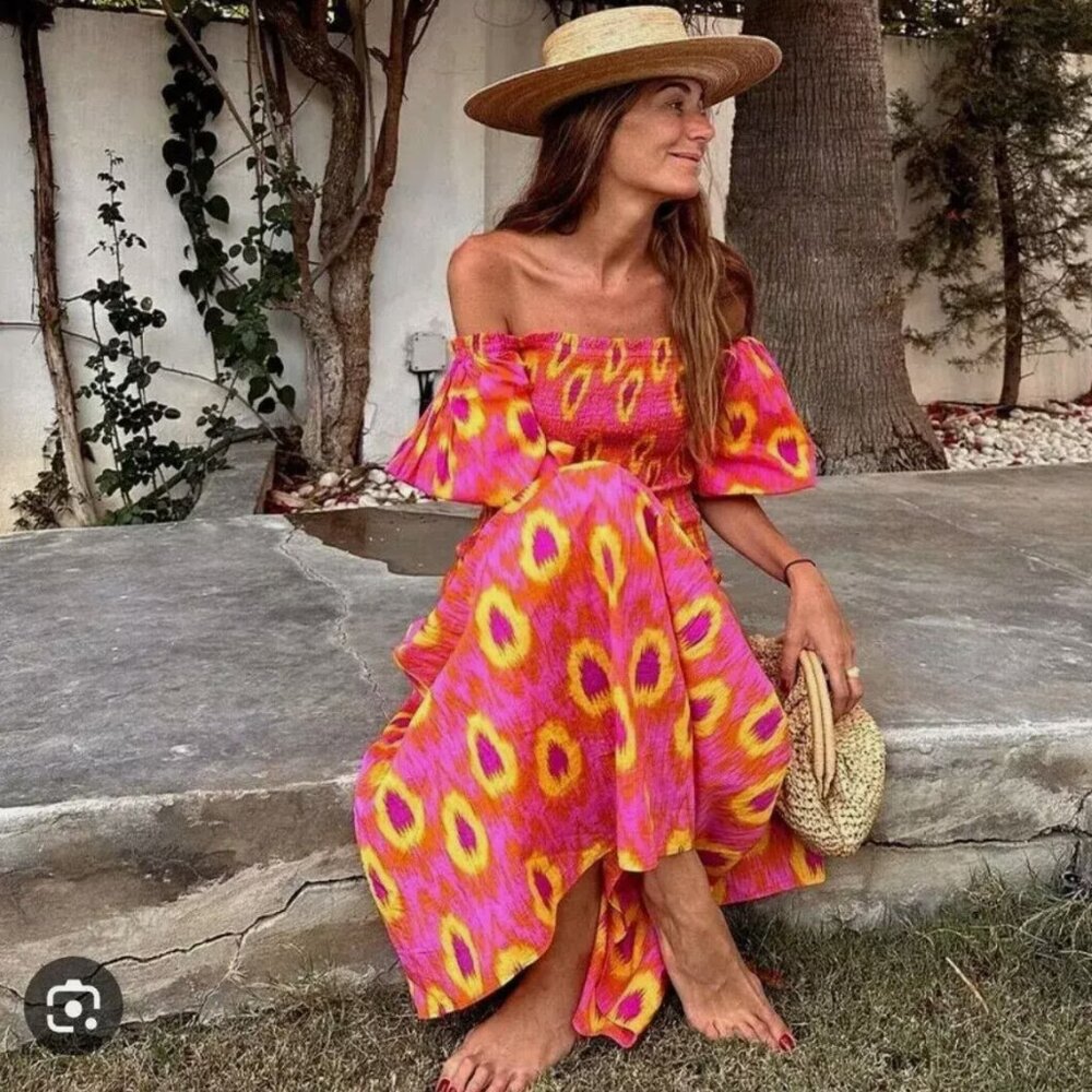 Zara smocked puffy sleeves maxi dress